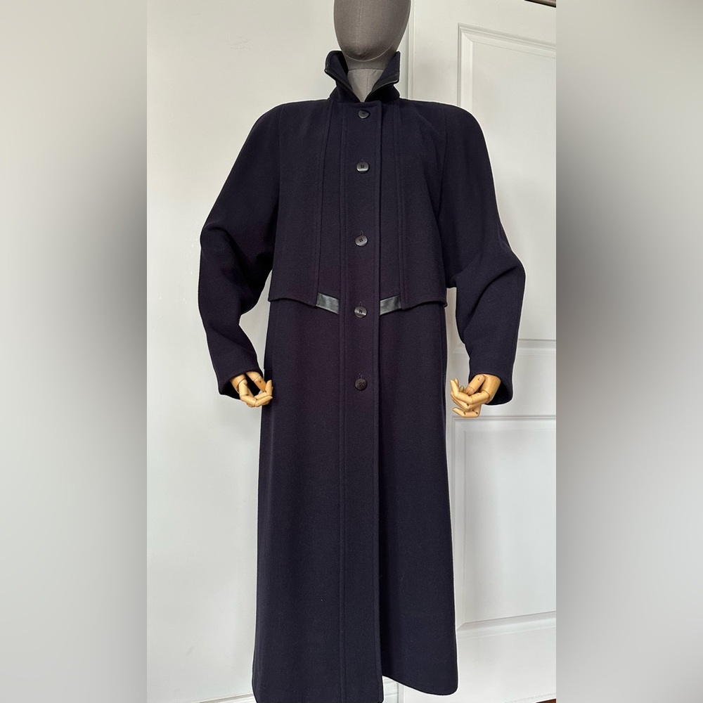 Vintage 90s Navy Wool Blend Maxi Coat — Merino, Size 13